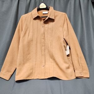 Studio Works Desert Tan Button Up top, Petite Large, Long Sleeve